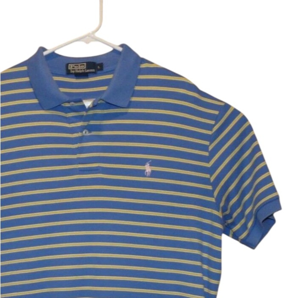 Polo Ralph Lauren Polo Shirt Mens Large Blue Yellow‎ Striped Short Sleeve Pony